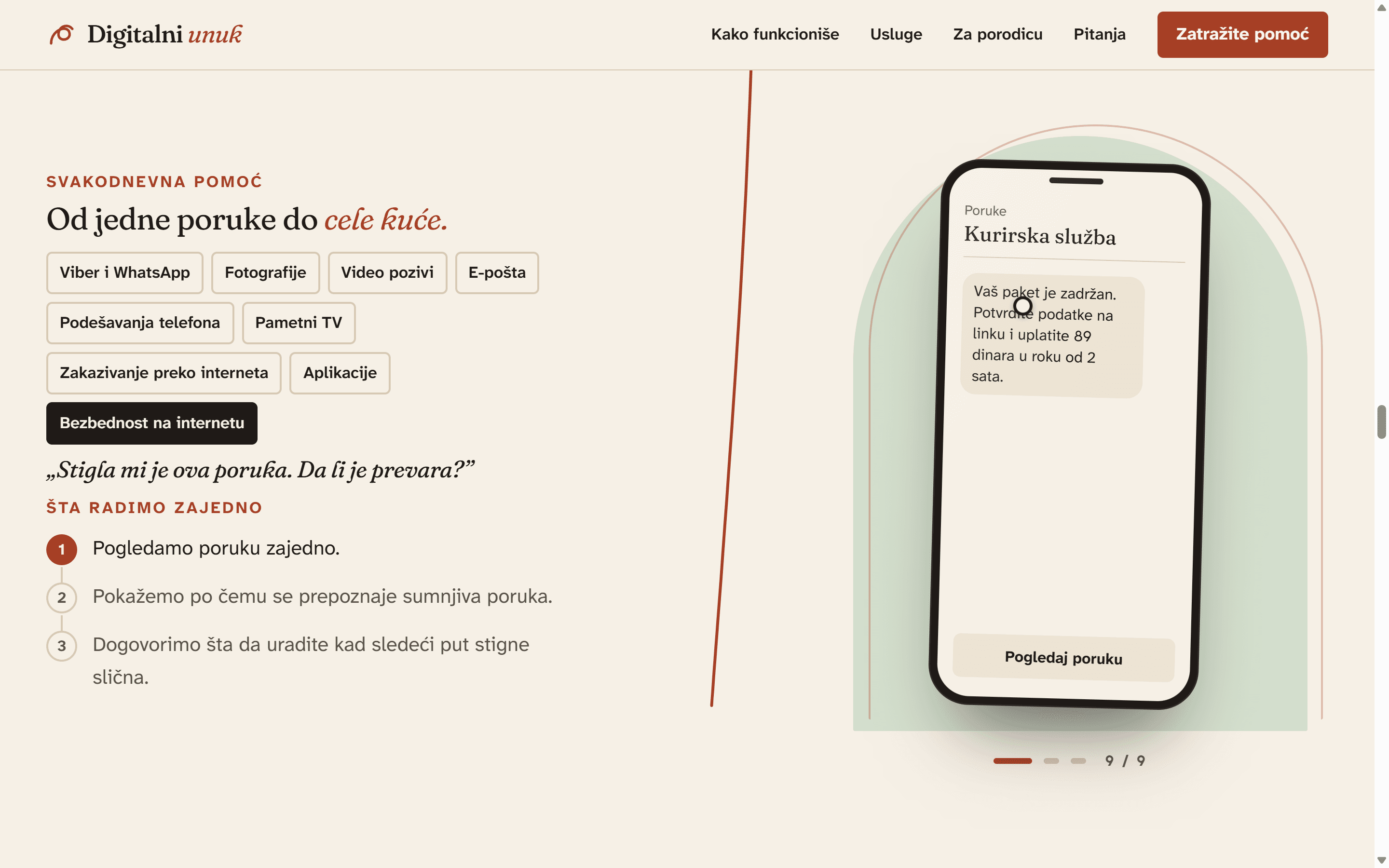 The prototype's everyday scene: the safety situation selected, a phone showing a courier text message, step 1 of 3.